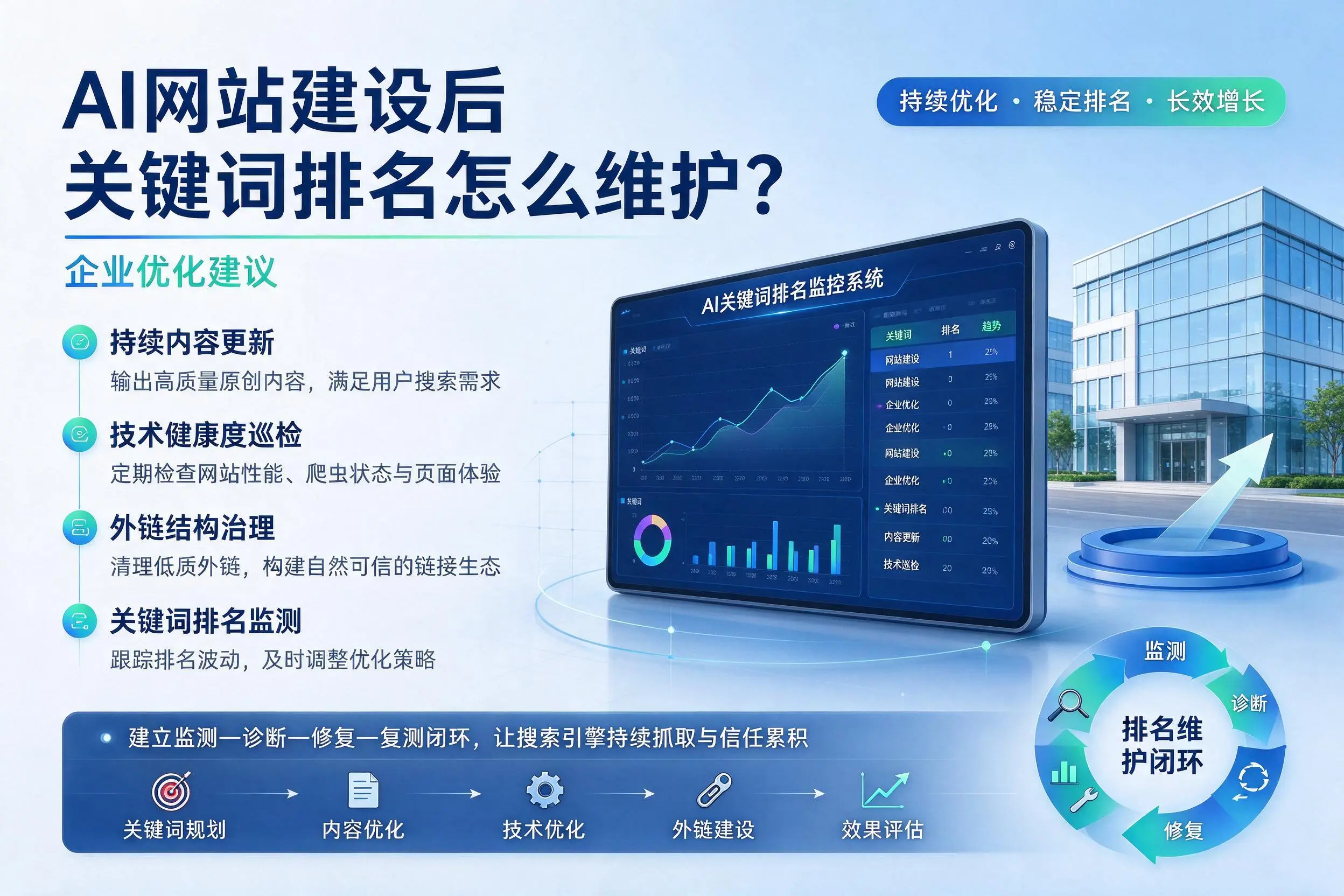 AI网站建设后关键词排名怎么维护?漳州企业优化建议