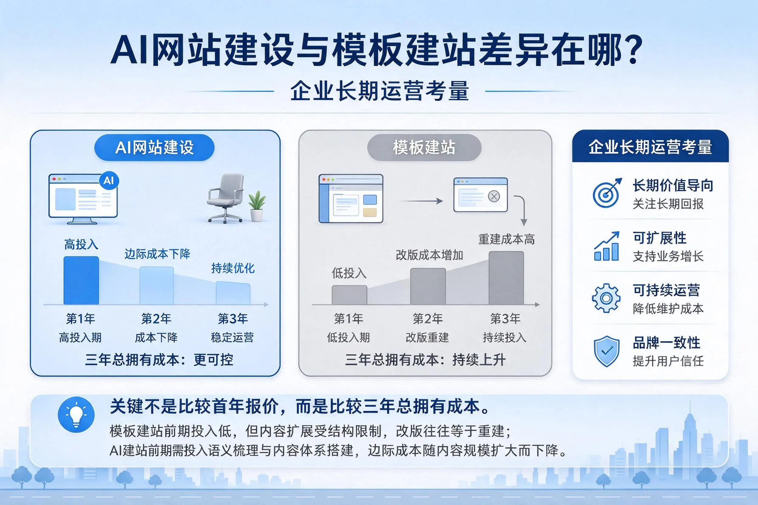 AI网站建设与模板建站差异在哪?漳州企业长期运营考量